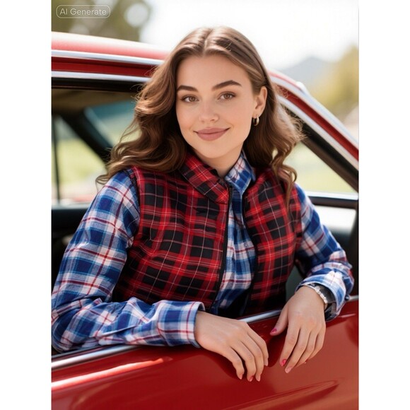 Merona Women's Reversible Vest Jacket Size L Coat Plaid Checks  Black Red Zip - Picture 3 of 15